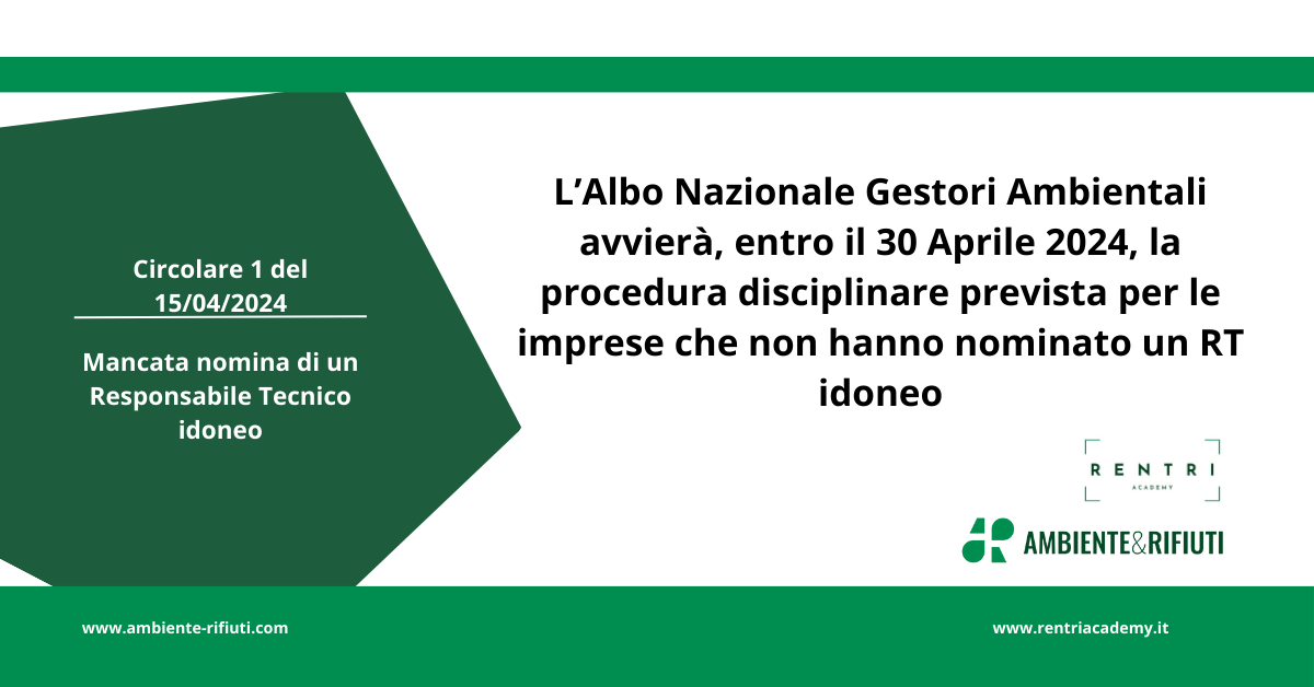 Cancellazione imprese dall’Albo Gestori Ambientali per mancata nomina Responsabile Tecnico