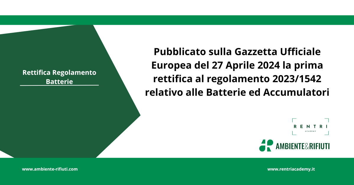 Rettifica Regolamento Batterie (UE) 2023/1542