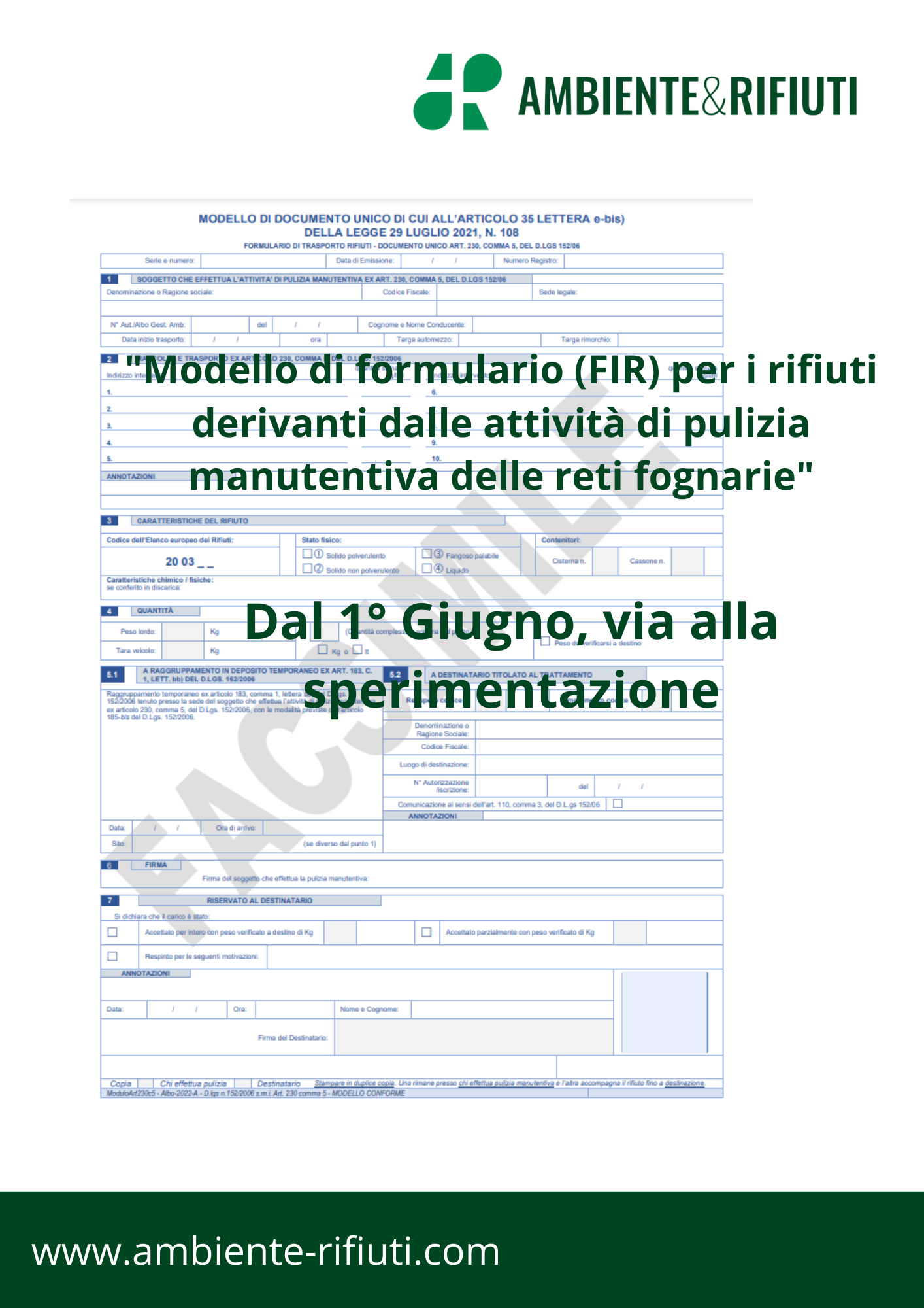 Formulario per rifiuti da attività di pulizia reti fognarie