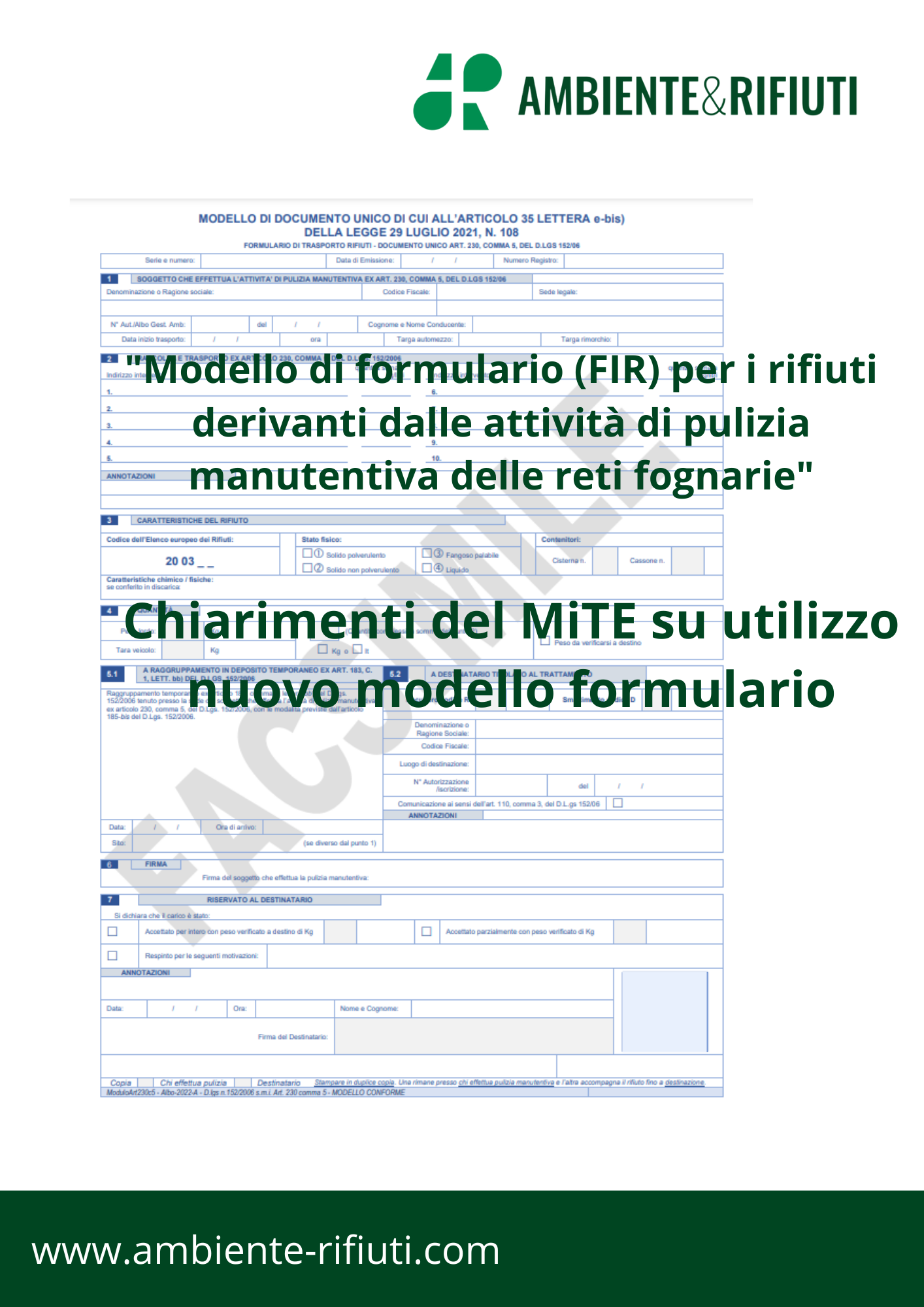 Chiarimenti MiTE formulario trasporto rifiuti da attività di pulizia manutentiva reti fognarie